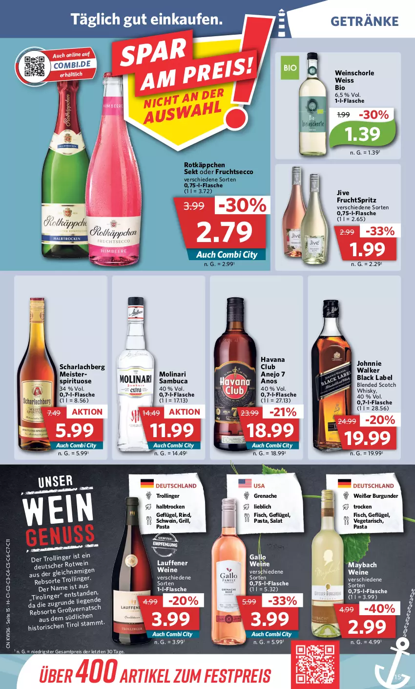 Aktueller Prospekt Combi - Prospekte - von 05.09 bis 10.09.2022 - strona 15 - produkty: arla, bio, black label, blended scotch, blended scotch whisky, burgunder, ecco, eis, fisch, flasche, frucht, fruchtsecco, gallo, Geflügel, getränk, getränke, grill, Havana Club, lack, Liege, maybach, Meister, Molinari, pasta, reis, rind, rotkäppchen, salat, sambuca, schorle, schwein, scotch, scotch whisky, sekt, Ti, trolli, trollinger, Vegeta, wein, weine, weinschorle, whisky, ZTE