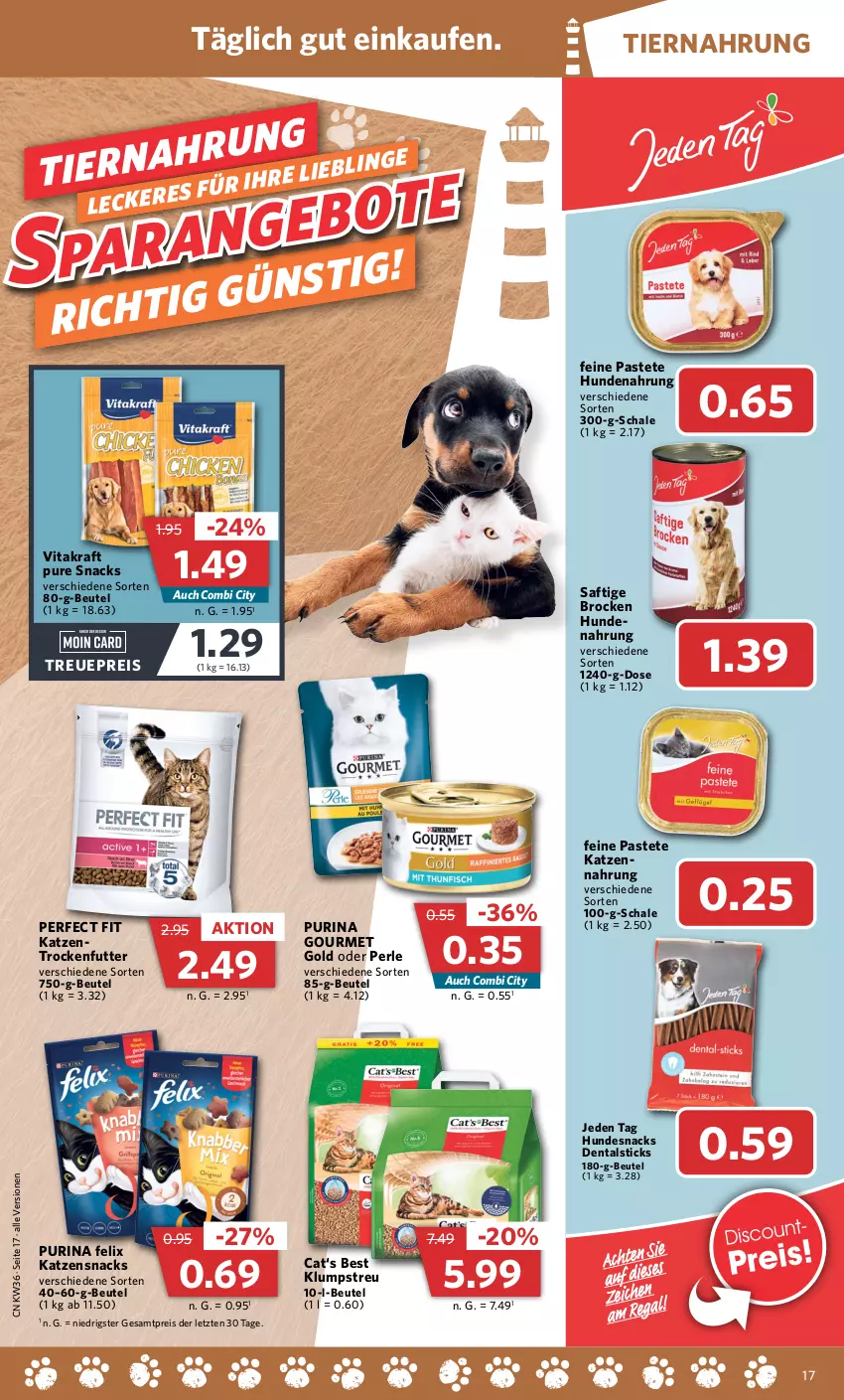 Aktueller Prospekt Combi - Prospekte - von 05.09 bis 10.09.2022 - strona 17 - produkty: beutel, Brock, eis, felix, gourmet gold, hundesnack, hundesnacks, katzensnack, katzensnacks, Katzentrockenfutter, klumpstreu, kraft, pastete, Perfect Fit, purina, reis, saft, Schal, Schale, snack, snacks, Ti, tiernahrung, trockenfutter, vita, vitakraft, ZTE