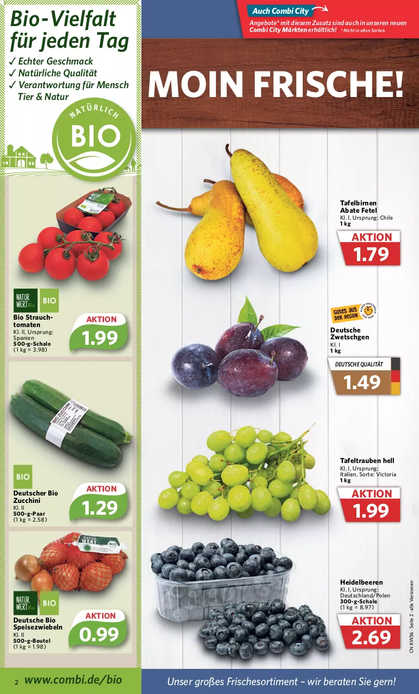 Aktueller Prospekt Combi - Prospekte - von 05.09 bis 10.09.2022 - strona 2 - produkty: angebot, angebote, beere, beeren, beutel, bio, Birnen, eis, heidelbeere, heidelbeeren, mac, natur, Rauch, Ria, Schal, Schale, Speisezwiebeln, tafelbirnen, tafeltrauben, Ti, tomate, tomaten, trauben, zucchini, zwiebel, zwiebeln