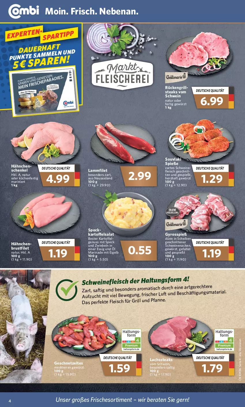 Aktueller Prospekt Combi - Prospekte - von 05.09 bis 10.09.2022 - strona 4 - produkty: auer, brustfilet, eis, Elan, essig, filet, fleisch, geschnetzeltes, gewürz, grill, gyros, henkel, kartoffel, kartoffelsalat, küche, Küchen, lachs, lamm, marinade, natur, nuss, Ria, saft, salat, schenkel, schnitten, schwein, schweine, schweinefleisch, schweinenacken, Speck, steak, steaks, Ti, wein, weine, Zelt, zwiebel, zwiebeln