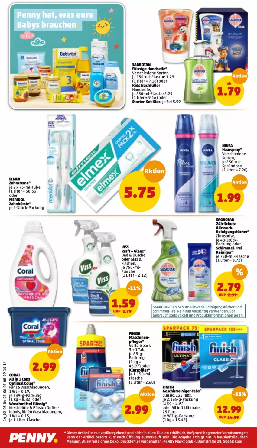 Aktueller Prospekt Penny - Prospekte - von 09.05 bis 14.05.2022 - strona 14 - produkty: Bad, Blüte, bürste, Cap, Coral, creme, dusche, eis, elmex, Finish, flasche, geschirr, haarspray, Handseife, je 1-liter-flasche, kirsch, klarspüler, LG, meridol, nivea, pfirsich, Rauch, reiniger, Reinigung, reinigungstücher, reis, rwe, sagrotan, Seife, Ti, tücher, usb, waschmittel, weck, zahnbürste, zahncreme, ZTE