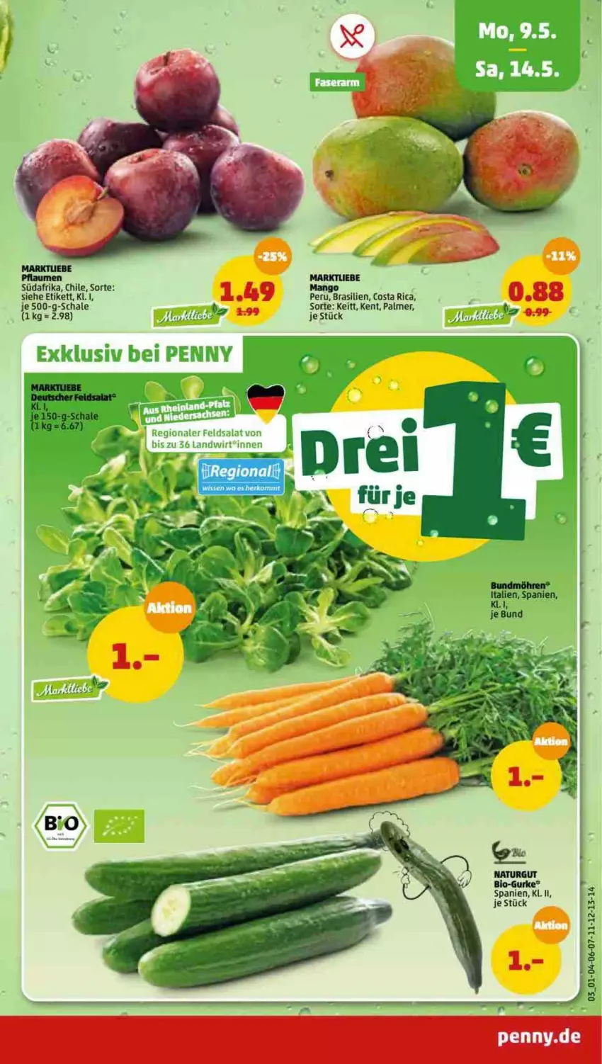 Aktueller Prospekt Penny - Prospekte - von 09.05 bis 14.05.2022 - strona 3 - produkty: bio, Bundmöhren, gurke, mango, möhren, natur, pflaume, pflaumen, Schal, Schale, Ti