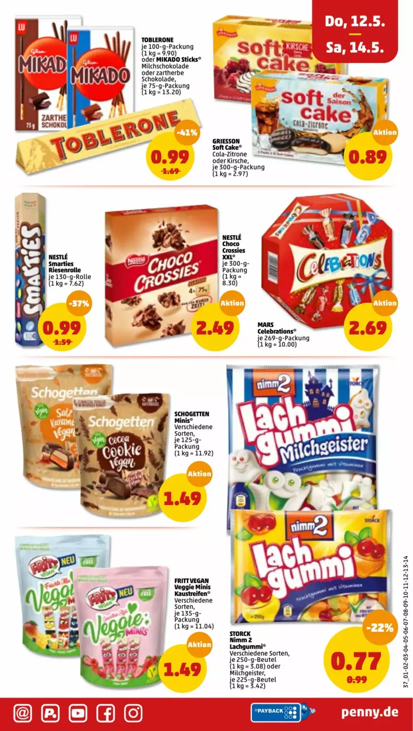 Aktueller Prospekt Penny - Prospekte - von 09.05 bis 14.05.2022 - strona 37 - produkty: aust, beutel, cola, eis, griesson, Kaustreifen, kirsch, kirsche, lachgummi, mikado, milch, nimm2, reifen, schogetten, schoko, schokolade, smarties, storck, Ti, toblerone, veggie, zitrone