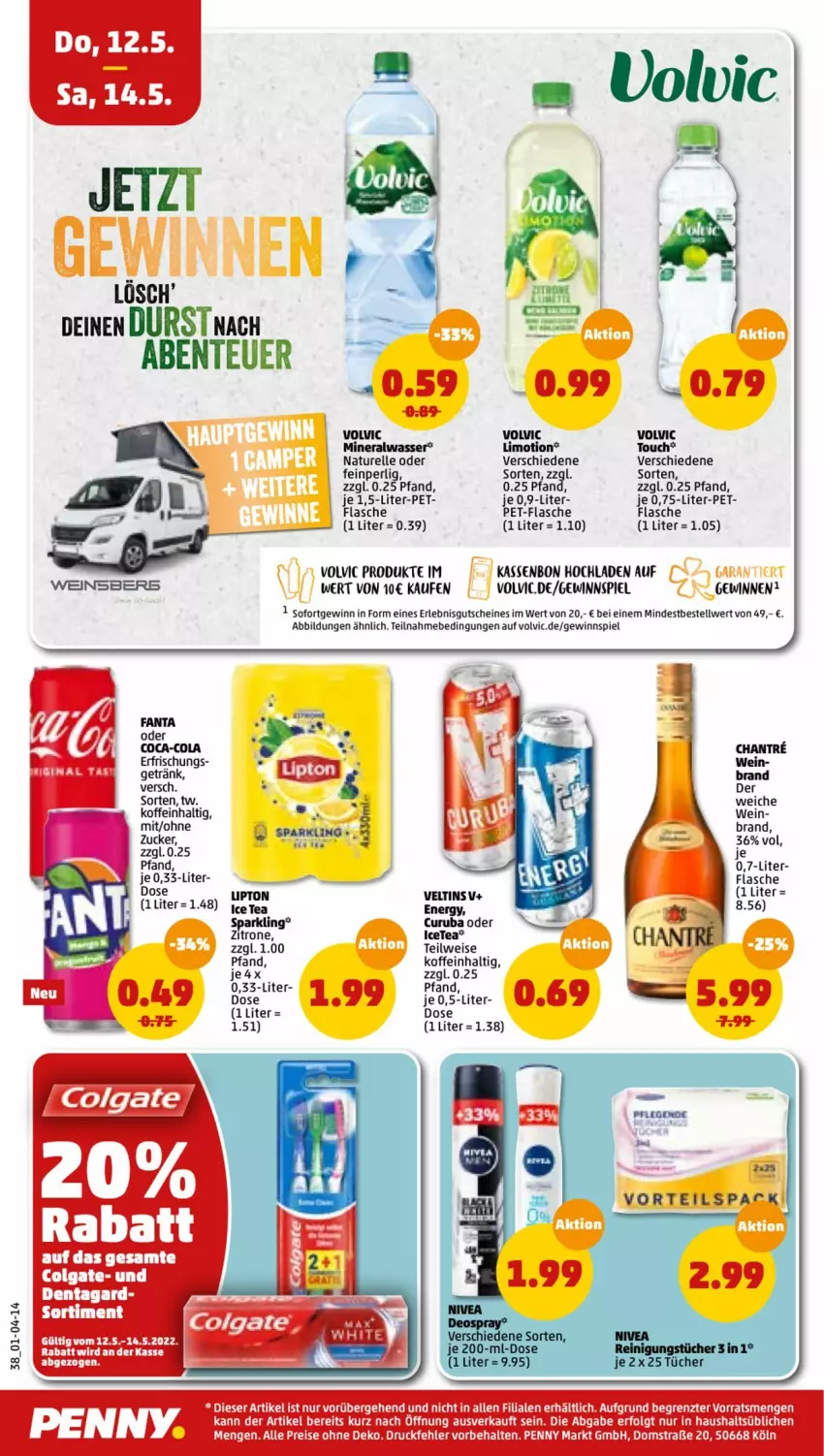 Aktueller Prospekt Penny - Prospekte - von 09.05 bis 14.05.2022 - strona 38 - produkty: Alwa, coca-cola, cola, colgate, eis, elle, ente, fanta, fanta oder, flasche, getränk, gewinnspiel, gutschein, gutscheine, LG, limo, lipton, mineralwasser, pet-flasche, reis, rel, Ti, volvic, wasser, wein, zitrone, ZTE, zucker