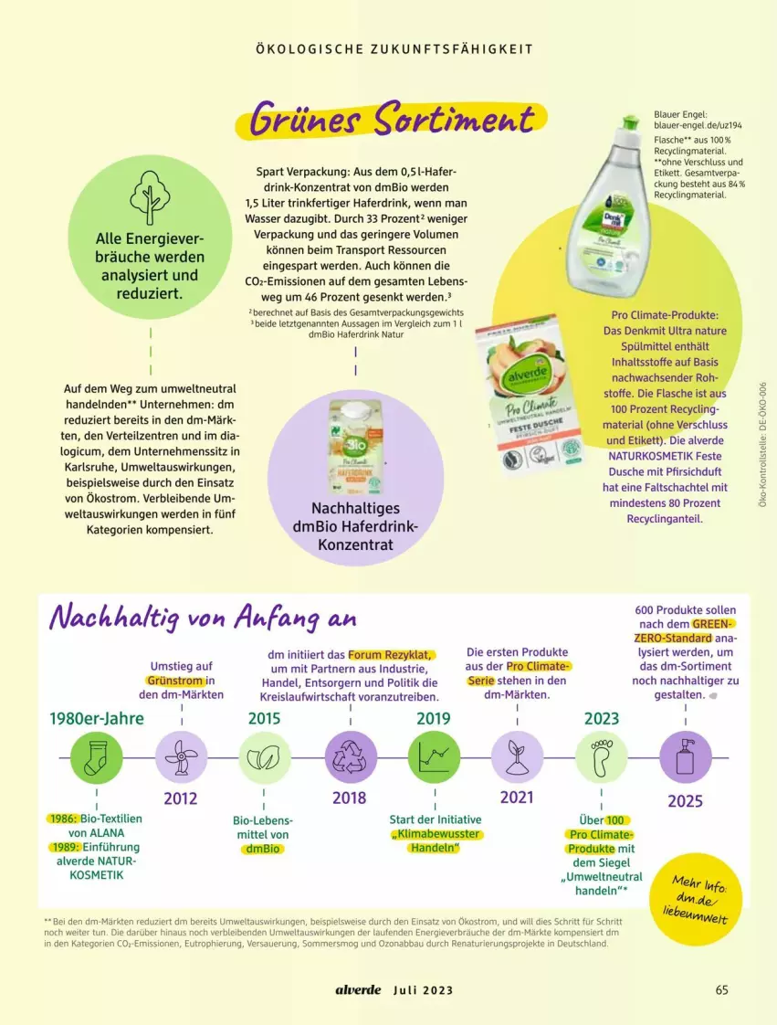 Aktueller Prospekt Dm Drogerie - Prospekte - von 01.07 bis 31.07.2023 - strona 65 - produkty: Abba, Alverde, auer, Bau, bio, Clin, drink, dusche, eis, elle, Engel, erde, flasche, hafer, Haferdrink, kosmetik, Laufen, natur, naturkosmetik, pfirsich, recyclingmaterial, reis, Ria, ring, rum, Sport, Ti, wasser