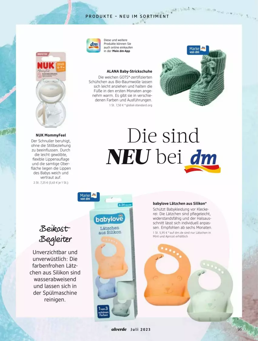 Aktueller Prospekt Dm Drogerie - Prospekte - von 01.07 bis 31.07.2023 - strona 95 - produkty: Alverde, Babylove, Bau, baumwolle, bio, bio-baumwolle, eis, erde, kleid, Kleidung, Lätzche, Liege, mint, nuk, schuhe, Ti, wasser, wolle