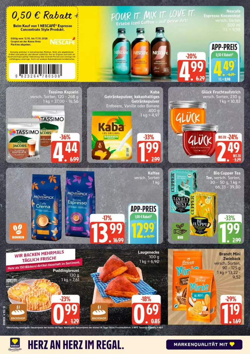 Aktueller Prospekt Edeka - Prospekte - von 12.10 bis 17.10.2026 - strona 21 - produkty: aufstrich, brandt, brezel, coupon, eis, espresso, frucht, fruchtaufstrich, mövenpick, nescafe, pudding, regal, reis, sim, tassimo, Ti, ZTE