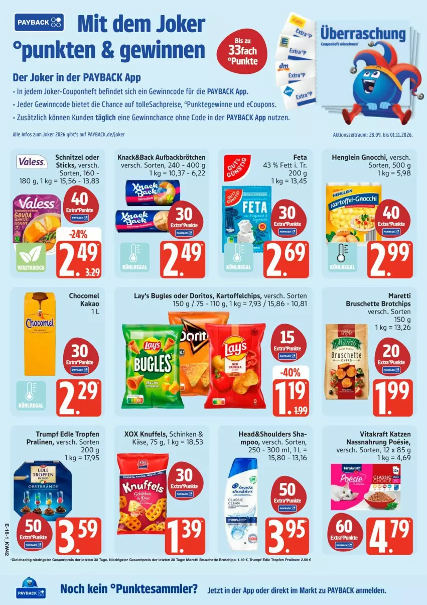 Aktueller Prospekt Edeka - Prospekte - von 12.10 bis 17.10.2026 - strona 28 - produkty: brot, brötchen, Bruschette, bugles, chips, coupon, coupons, Doritos, eis, feta, gnocchi, henglein, HP, kakao, kartoffel, kartoffelchips, Käse, kraft, lay's, Nassnahrung, payback, pralinen, reis, rum, sac, schinken, schnitzel, tesa, Ti, vita, vitakraft