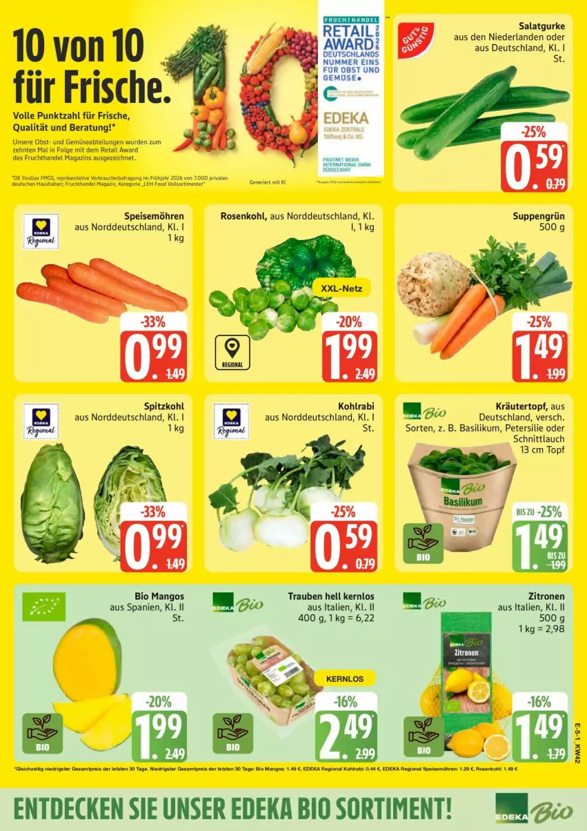 Aktueller Prospekt Edeka - Prospekte - von 12.10 bis 17.10.2026 - strona 8 - produkty: Abtei, basilikum, bio, decke, deka, edeka bio, eis, ente, frucht, gemuse, gurke, kohlrabi, kräuter, LG, magazin, mango, mangos, möhren, obst, petersilie, Rauch, rosen, Rosenkohl, salat, Salatgurke, schnittlauch, speisemöhren, spitzkohl, suppe, suppen, Ti, topf, trauben, und gemüse, Yo
