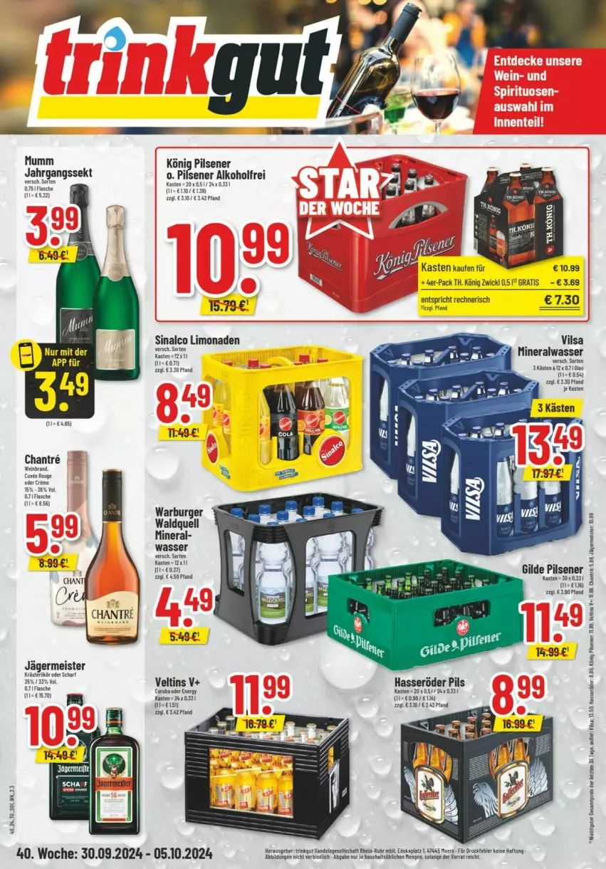 Aktueller Prospekt Trinkgut - Prospekte - von 29.09 bis 05.10.2024 - strona 1 - produkty: alkohol, Alwa, burger, eis, flasche, Germ, hasseröder, jägermeister, jahrgangssekt, könig pilsener, limo, limonade, limonaden, Meister, mineralwasser, pils, pilsener, reis, sekt, sinalco, Ti, veltins, vilsa, wasser, wein, WICK, ZTE