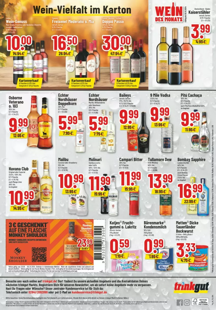 Aktueller Prospekt Trinkgut - Prospekte - von 29.09 bis 05.10.2024 - strona 10 - produkty: angebot, angebote, auer, aust, Bad, baileys, bärenmarke, bockwurst, bombay sapphire, Brei, campari, coconut, decke, Dicke Sauerländer Bockwurst, doppelkorn, doppio passo, eis, elle, fisch, fische, flasche, frucht, Havana Club, Heu, HP, Kaiser, katjes, kondensmilch, korn, Lakritz, Malibu, Mett, metten, milch, Molinari, osborne, passo, reis, rezept, rezepte, sambuca, sapphire, Stühl, telefon, Ti, tullamore, tullamore dew, vodka, wein, wurst, ZTE