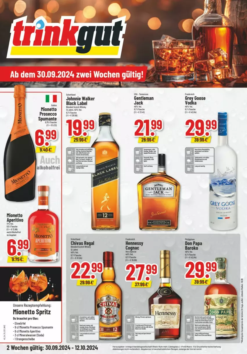 Aktueller Prospekt Trinkgut - Prospekte - von 29.09 bis 05.10.2024 - strona 4 - produkty: alkohol, Alwa, black label, blended scotch, blended scotch whisky, deka, ecco, eis, eiswürfel, flasche, johnnie walker, lack, mineralwasser, mionetto, prosecco, puma, Rauch, regal, reis, rezept, rezepte, schott, scotch, scotch whisky, Soda, spumante, Ti, uhr, vodka, wasser, whisky, würfel, ZTE