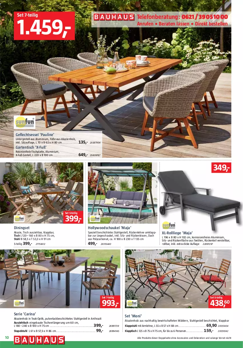 Aktueller Prospekt Bauhaus - Prospekte - von 02.03 bis 30.03.2024 - strona 10 - produkty: ACC, accessoires, Bau, Bona, dekoration, elle, ente, Garten, gartentisch, hollywoodschaukel, Holz, HP, kissen, klappstuhl, klapptisch, lack, latte, LG, Liege, Rückenkissen, rückenlehne, Schaukel, sessel, Sitzauflage, Spezi, stapelstuhl, stuhl, telefon, Ti, tisch, tischplatte