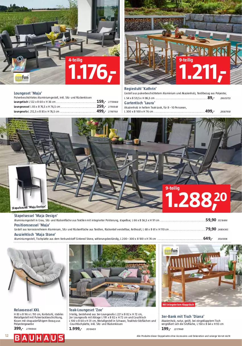 Aktueller Prospekt Bauhaus - Prospekte - von 02.03 bis 30.03.2024 - strona 12 - produkty: ACC, accessoires, aluminiumgestell, Bank, Couch, couchtisch, dekoration, elle, ente, Garten, gartentisch, Holz, HP, kissen, klapptisch, korb, lack, latte, LG, loungesessel, loungeset, natur, rel, relaxsessel, Rückenkissen, sessel, Sofa, stapelsessel, stuhl, Ti, tisch, tischplatte