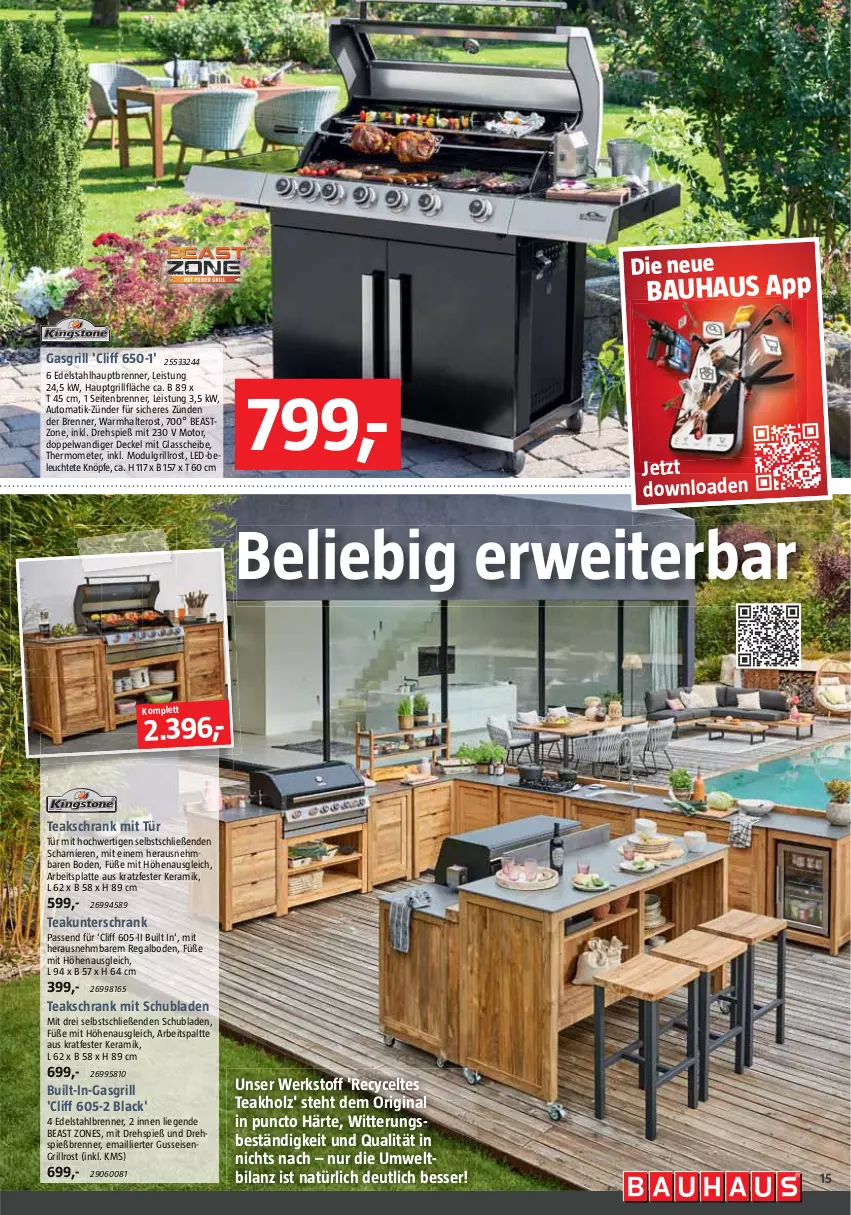 Aktueller Prospekt Bauhaus - Prospekte - von 02.03 bis 30.03.2024 - strona 15 - produkty: arbeitsplatte, auto, Bau, decke, Deckel, edelstahl, eis, gasgrill, gin, grill, grillfläche, grillrost, Holz, lack, latte, Leuchte, LG, Liege, regal, rwe, Schrank, schubladen, thermometer, Ti, unterschrank