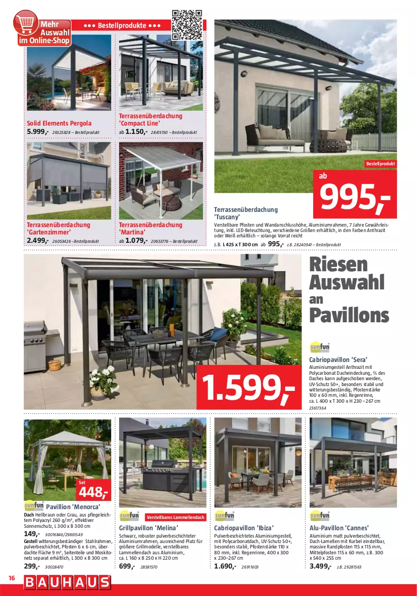 Aktueller Prospekt Bauhaus - Prospekte - von 02.03 bis 30.03.2024 - strona 16 - produkty: aluminiumgestell, beleuchtung, Bona, braun, dell, eis, elle, ente, erde, Garten, grill, Grillpavillon, lamm, led-beleuchtung, lion, Mode, moskitonetz, pavillon, sonnenschutz, Terrassenüberdachung, Ti, uv-schutz