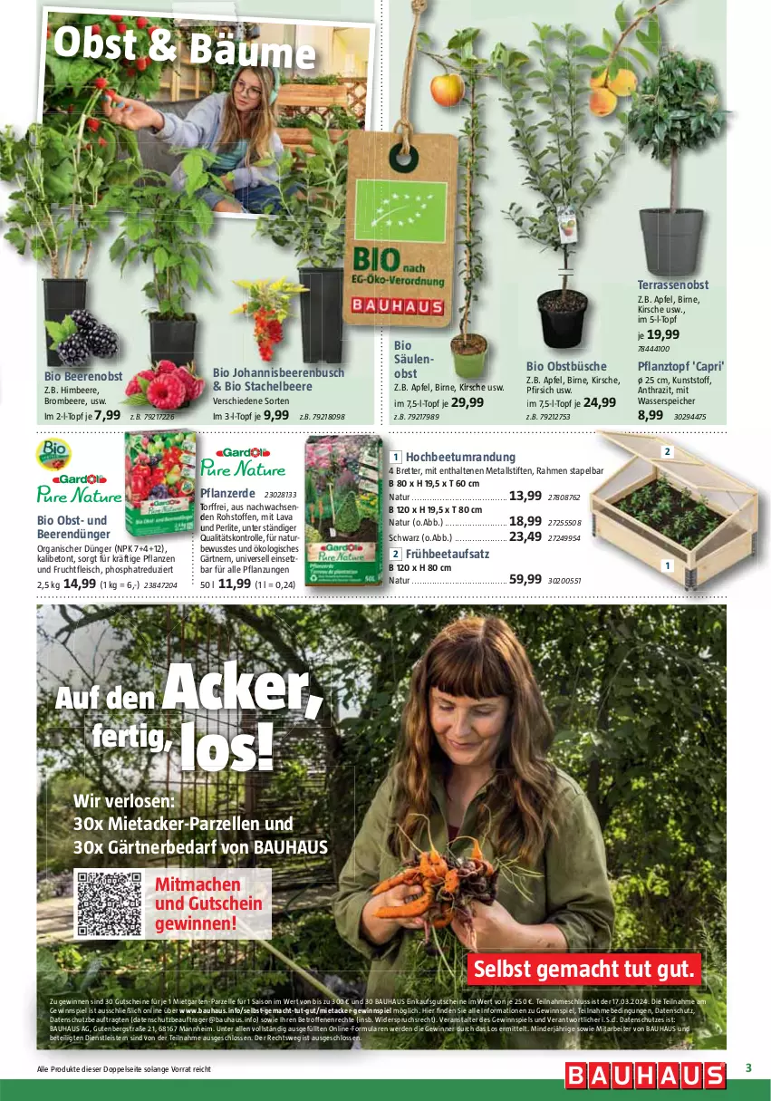 Aktueller Prospekt Bauhaus - Prospekte - von 02.03 bis 30.03.2024 - strona 3 - produkty: apfel, Bau, beere, beeren, Beetumrandung, bio, Cap, dünger, eis, elle, erde, fleisch, frucht, fruchtfleisch, Garten, gewinnspiel, gutschein, gutscheine, johannisbeere, Johannisbeeren, kirsch, kirsche, mac, natur, obst, pfirsich, pflanze, pflanzen, pflanzerde, Pflanztopf, stifte, Ti, topf, wasser