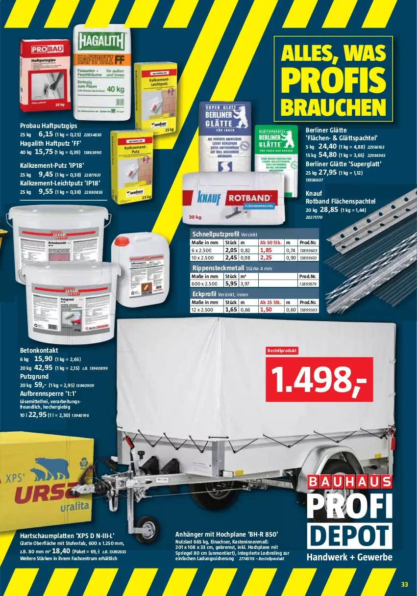 Aktueller Prospekt Bauhaus - Prospekte - von 02.03 bis 30.03.2024 - strona 33 - produkty: Anhänger, Bau, berliner, HP, knauf, latte, Rauch, rel, riegel, Rippen, roba, rum, spachtel, Ti, Zement