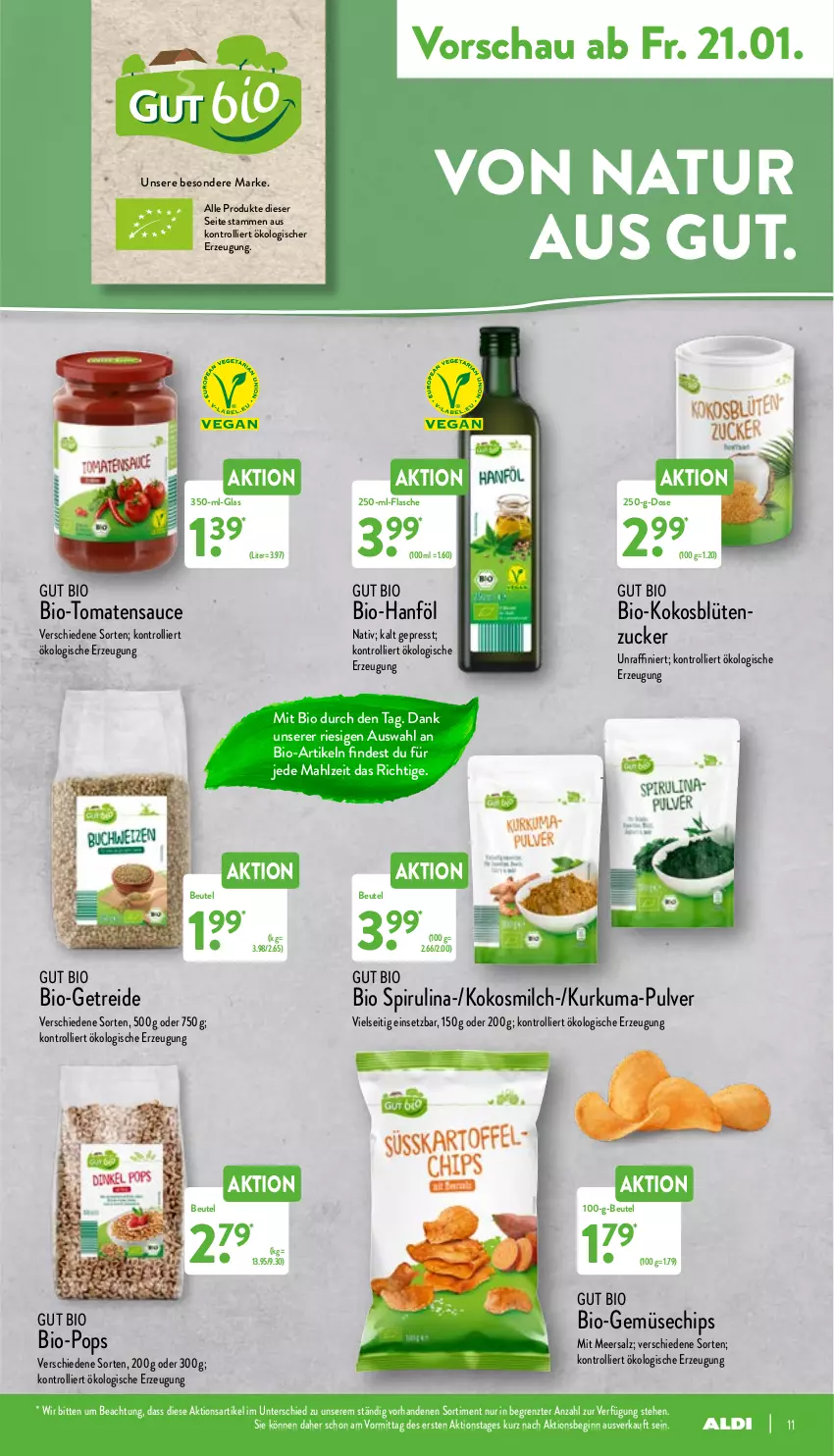 Aktueller Prospekt Aldi Nord - Aldi-Bewusst-Wie - von 03.01 bis 31.01.2022 - strona 11 - produkty: beutel, bio, Bio-Gemüse, Blüte, chips, flasche, gin, kokos, kokosmilch, meersalz, milch, natur, salz, sauce, Ti, tomate, tomaten, tomatensauce, trolli, ZTE, zucker