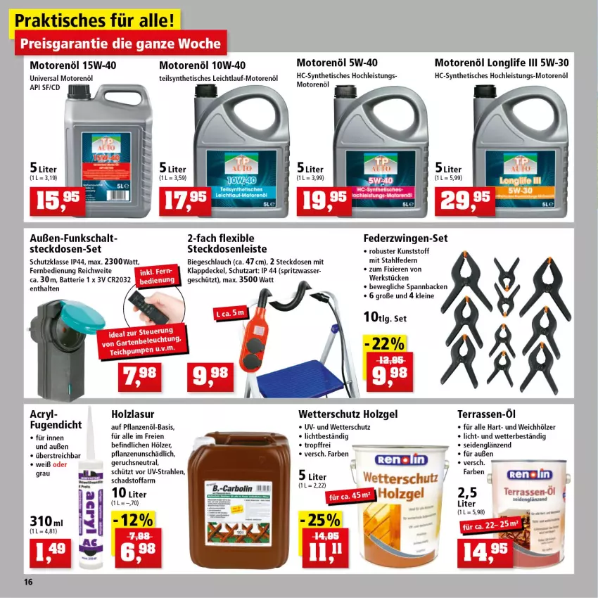 Aktueller Prospekt Thomas Philipps - Prospektwerbung - von 30.05 bis 04.06.2022 - strona 16 - produkty: batterie, decke, Deckel, eis, fernbedienung, Holz, holzlasur, HP, leine, longlife, motorenöl, pflanze, pflanzen, Pflanzenöl, reis, Schal, schlauch, steckdose, Steckdosenleiste, Ti, tisch, wasser