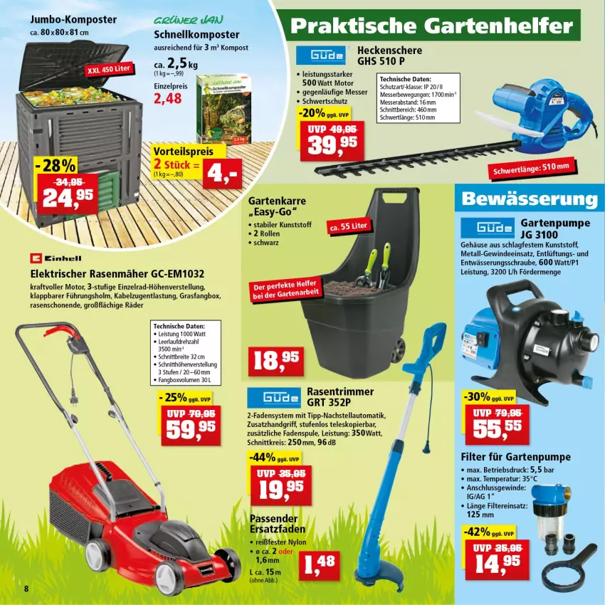 Aktueller Prospekt Thomas Philipps - Prospektwerbung - von 30.05 bis 04.06.2022 - strona 8 - produkty: auto, Brei, einhell, eis, Garten, Gartenpumpe, grüner jan, heckenschere, jumbo, Komposter, kraft, messer, rasen, rasenmäher, rasentrimmer, reis, Schere, Teleskop, Ti, tisch, vorteilspreis