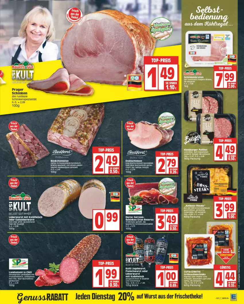 Aktueller Prospekt Edeka - Angebote der Woche - von 22.05 bis 27.05.2023 - strona 7 - produkty: auer, Bau, Bauer, bauern gut, boss, braten, buch, burger, chili, eis, fleisch, fleischwurst, grill, hamburger, Holz, jagdwurst, Kalbfleisch, kochschinken, leberwurst, LG, mac, Mantel, mit kalbfleisch, Nackensteak, nackensteaks, nuss, reis, rind, saft, salami, schinken, schnitten, schwein, serrano, steak, steaks, Ti, top-preis, truthahn, wein, wurst, ZTE