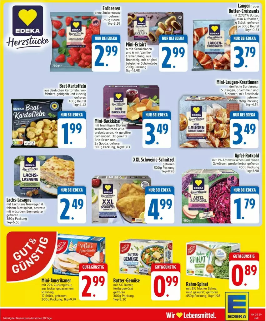 Aktueller Prospekt Edeka - Prospekte - von 27.01 bis 01.02.2025 - strona 11 - produkty: apfel, beere, beeren, beutel, blattspinat, brandt, brezel, brie, butter, camembert, creme, Croissant, croissants, deka, dip, eis, emmentaler, erdbeere, erdbeeren, frucht, geback, gewürz, gin, gouda, kartoffel, kartoffeln, lachs, lasagne, LG, mit frucht, rahm-spinat, reis, rotkohl, rwe, sahne, salz, schnitzel, schoko, schokolade, schwein, schweine, schweine-schnitzel, Semmel, spinat, Ti, tuc, vanille, wein, weine, zucker