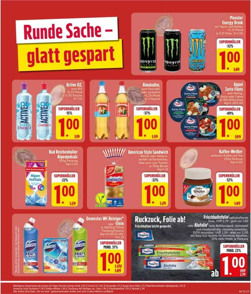 Aktueller Prospekt Edeka - Prospekte - von 27.01 bis 01.02.2025 - strona 13 - produkty: almdudler, Bad, bio, domestos, drink, eis, energy drink, filet, filets, frischhaltefolie, kaffee, monster, Monster Energy, Rauch, reiniger, reis, rwe, salz, sandwich, Ti, toast, wc-reiniger, ZTE, zucker