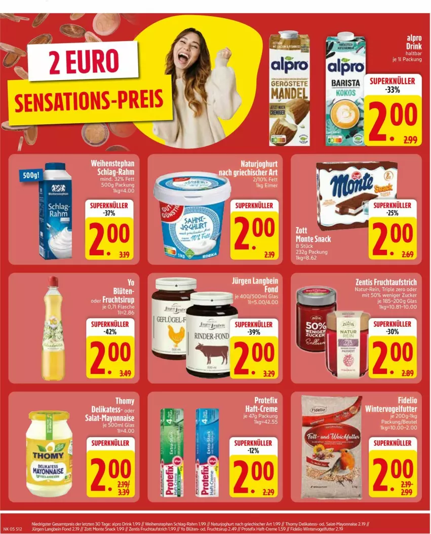 Aktueller Prospekt Edeka - Prospekte - von 27.01 bis 01.02.2025 - strona 14 - produkty: alpro, auer, aufstrich, Blüte, creme, drink, eier, eis, frucht, fruchtaufstrich, joghur, joghurt, mayonnaise, monte, natur, naturjoghurt, reis, sirup, snack, thomy, Ti, Vogelfutter, weihenstephan, Yo, zentis, zott, Zott Monte, ZTE