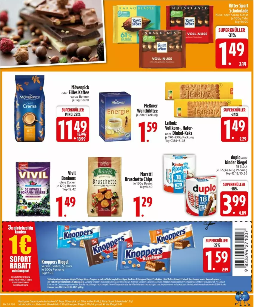 Aktueller Prospekt Edeka - Prospekte - von 27.01 bis 01.02.2025 - strona 22 - produkty: beutel, bohne, bohnen, bonbons, Bruschette, chips, duplo, hafer, kaffee, kaffee ganze bohnen, keks, Kinder, kinder riegel, korn, leibniz, Meßmer, mövenpick, riegel, tee, Ti, zucker