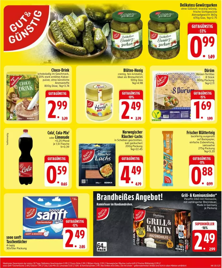 Aktueller Prospekt Edeka - Prospekte - von 27.01 bis 01.02.2025 - strona 23 - produkty: anzünder, auer, aufstrich, blätterteig, Blüte, brot, brotaufstrich, cola, deka, drink, flasche, Germ, gewürz, Gewürzgurke, gewürzgurken, grill, gurke, gurken, Holz, honig, kakao, Kamin, lachs, limo, limonade, mac, papier, rwe, schnitten, schoko, Tasche, taschen, taschentücher, Ti, tortilla, tortillas, tücher, wolle