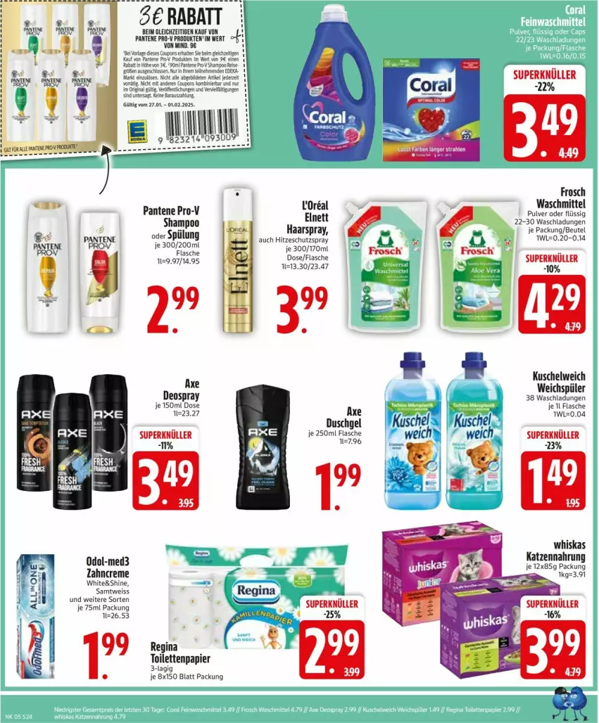 Aktueller Prospekt Edeka - Prospekte - von 27.01 bis 01.02.2025 - strona 26 - produkty: beutel, creme, deo, deospray, duschgel, eis, elnett, flasche, Frosch, gin, haarspray, katzennahrung, Kuschelweich, Odol, pantene, pantene pro-v, papier, pro-v, shampoo, spülung, Ti, toilettenpapier, waschmittel, weichspüler, whiskas, zahncreme