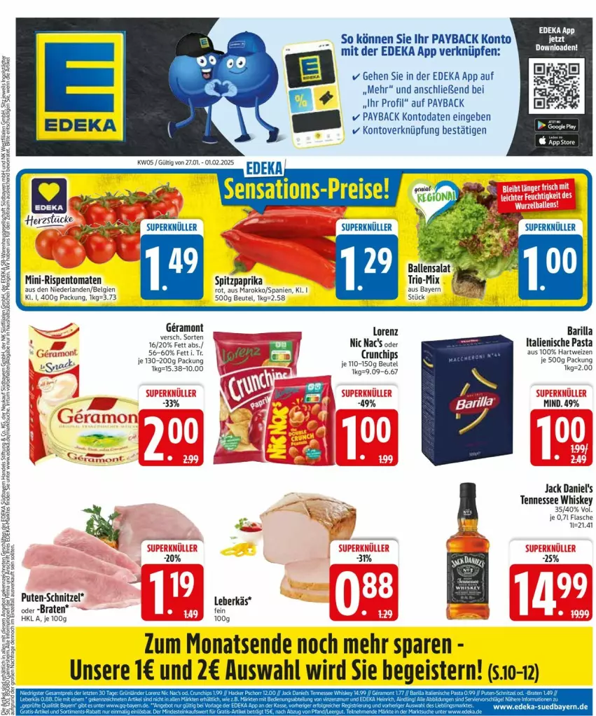 Aktueller Prospekt Edeka - Prospekte - von 27.01 bis 01.02.2025 - strona 3 - produkty: barilla, beutel, chips, crunchips, deka, eis, flasche, hartweizen, italienische pasta, jack daniel, jack daniel's, LG, lorenz, mini-rispentomaten, nic nac's, paprika, paprika rot, pasta, payback, rispentomaten, Spitzpaprika, Ti, tomate, tomaten