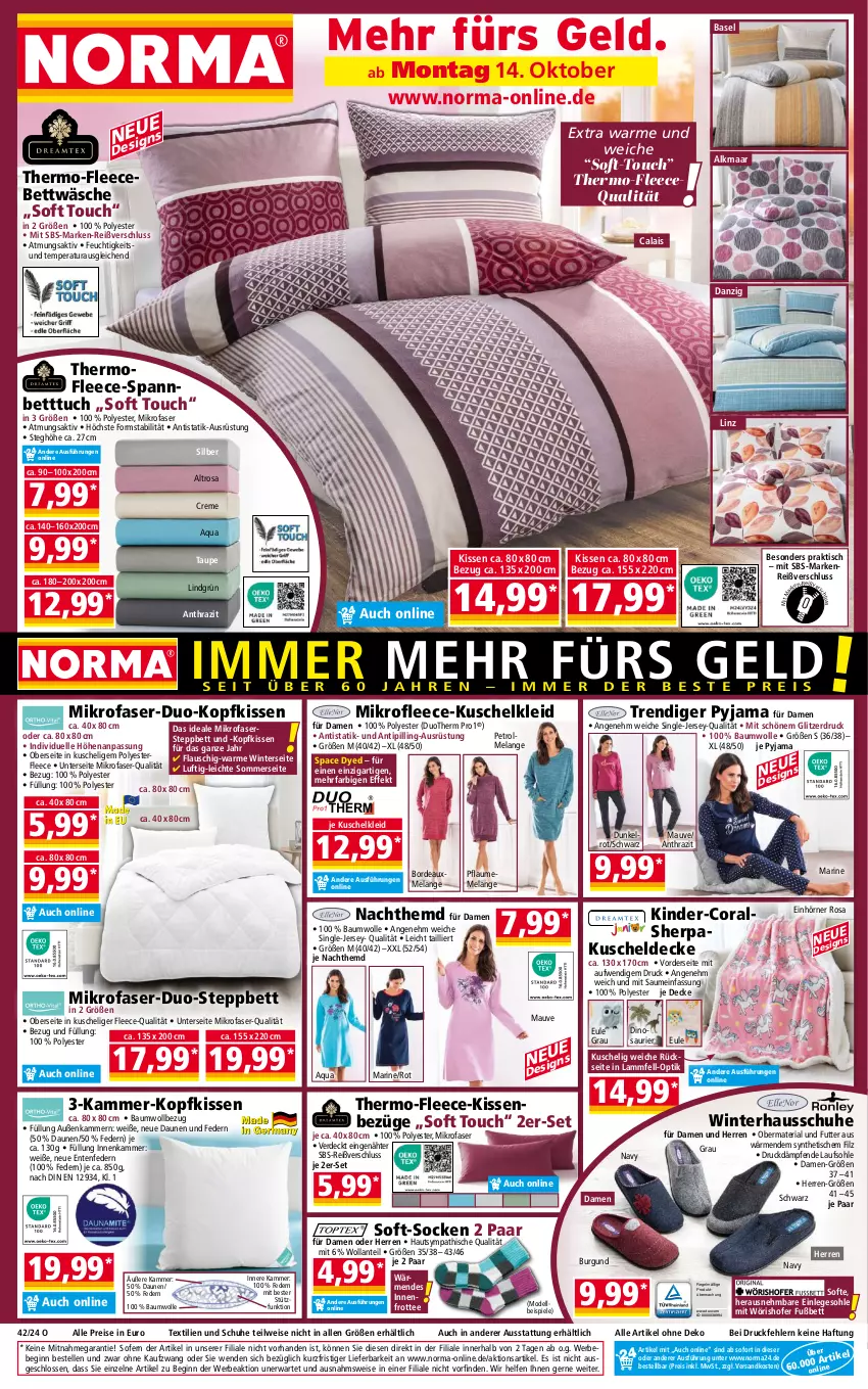 Aktueller Prospekt Norma - Norma - von 14.10 bis 21.10.2024 - strona 1 - produkty: aqua, Bau, baumwolle, Bebe, bett, Betttuch, bettwäsche, Coral, creme, daunen und federn, decke, dell, eis, Elan, elle, ente, erde, gin, Hausschuhe, hemd, Kinder, kissen, kleid, kopfkissen, kuscheldecke, Kuschelkleid, lamm, Lammfell, mikrofaser, Mode, Nachthemd, ndk, pflaume, Pyjama, reis, Ria, schuhe, socken, spannbetttuch, Spiele, steppbett, tee, Ti, Tipi, tisch, tuc, wolle