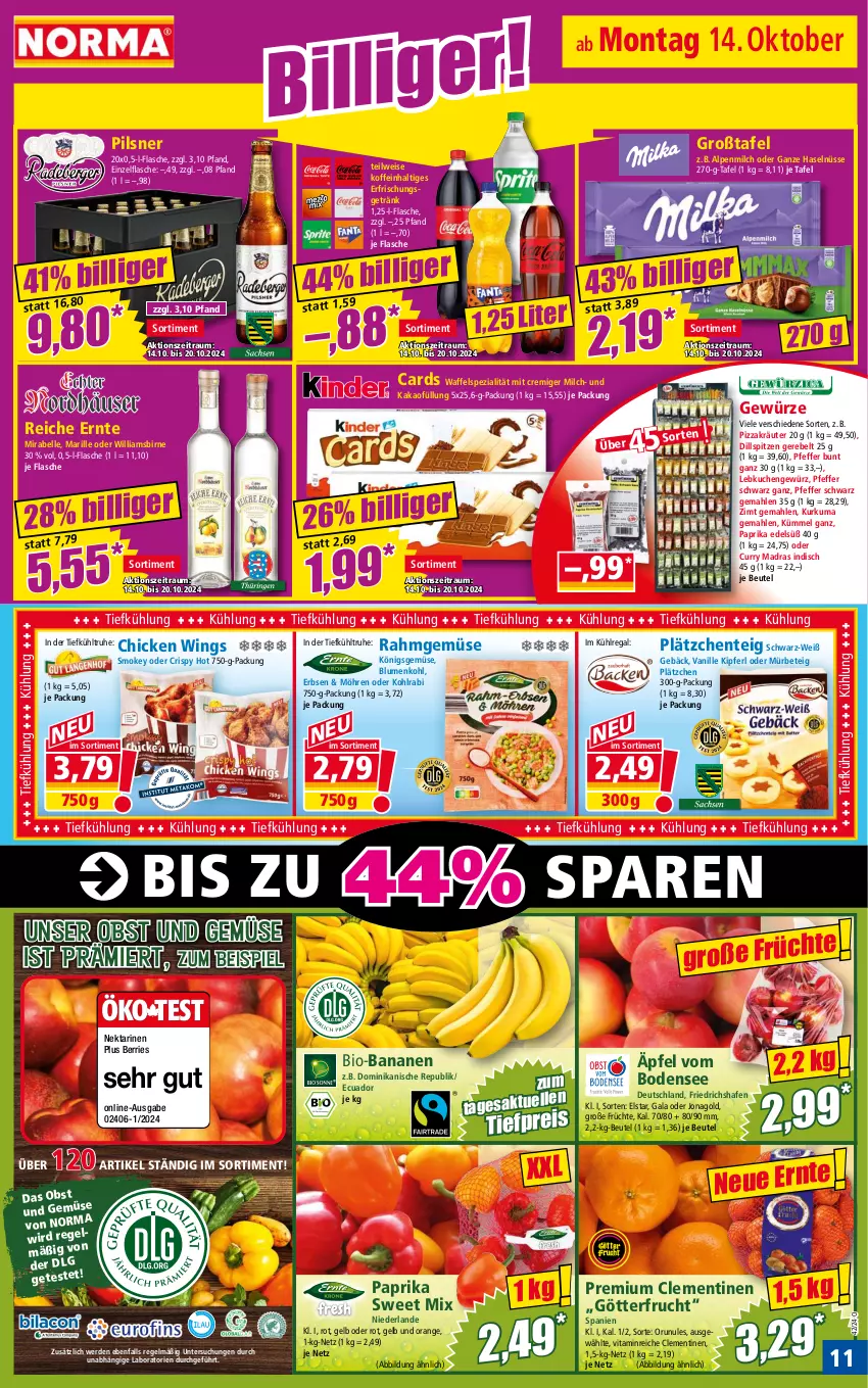 Aktueller Prospekt Norma - Norma - von 14.10 bis 21.10.2024 - strona 11 - produkty: alpenmilch, banane, bananen, beutel, bio, bio-bananen, blume, blumen, blumenkohl, chicken wings, clementinen, curry, eis, elle, ente, erbsen, erde, erfrischungsgetränk, flasche, frucht, früchte, ganze haselnüsse, getränk, gewürz, kakao, kohlrabi, kräuter, kuchen, kühlregal, Lätzche, Lebkuchen, milch, möhren, Nektar, nektarinen, obst, Obst und Gemüse, orange, paprika, pfeffer, pils, pilsner, pizza, Rahmgemüse, regal, reis, Spezi, Ti, tiefpreis, und gemüse, vanille, vita