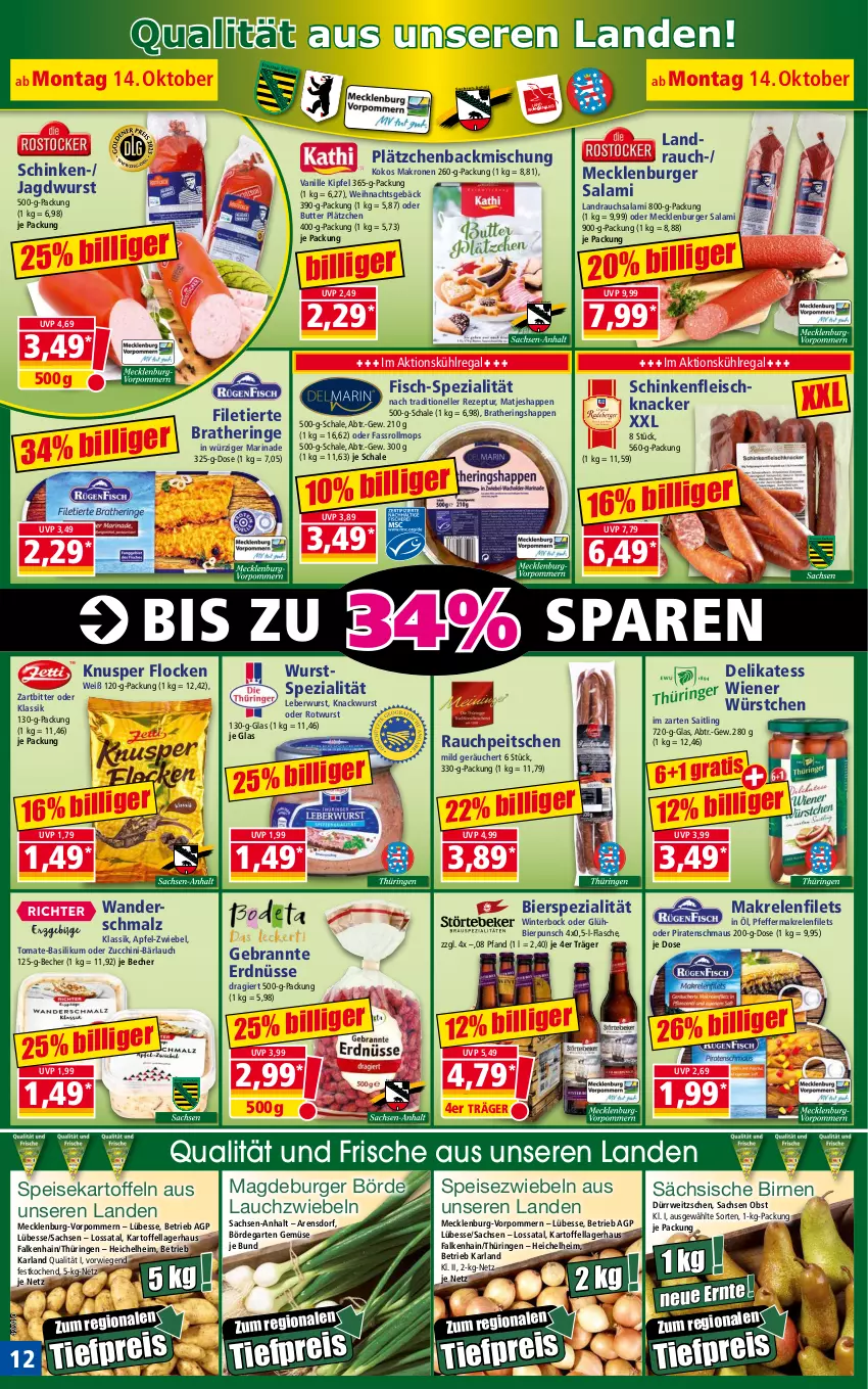 Aktueller Prospekt Norma - Norma - von 14.10 bis 21.10.2024 - strona 12 - produkty: apfel, arla, backmischung, basilikum, Becher, bier, Birnen, Bratheringe, burger, butter, eis, elle, erdnüsse, filet, Filetierte Bratheringe, filets, fisch, flasche, fleisch, Garten, Gebrannte Erdnüsse, hering, Herings, Heringshappen, HP, im zarten saitling, jagdwurst, kartoffel, kartoffeln, knacker, kokos, krone, kühlregal, Lätzche, Lauchzwiebel, lauchzwiebeln, leberwurst, Makrele, Makrelenfilets, malz, marinade, matjes, Maus, mecklenburger salami, obst, pfeffer, Rauch, regal, reis, rel, rezept, ring, Rotwurst, rwe, sac, salami, Schal, Schale, schinken, Schmalz, speisekartoffeln, Speisezwiebeln, Spezi, Ti, tiefpreis, tomate, tomate-basilikum, vanille, wiener, wiener würstchen, wurst, würstchen, zucchini, zwiebel, zwiebeln