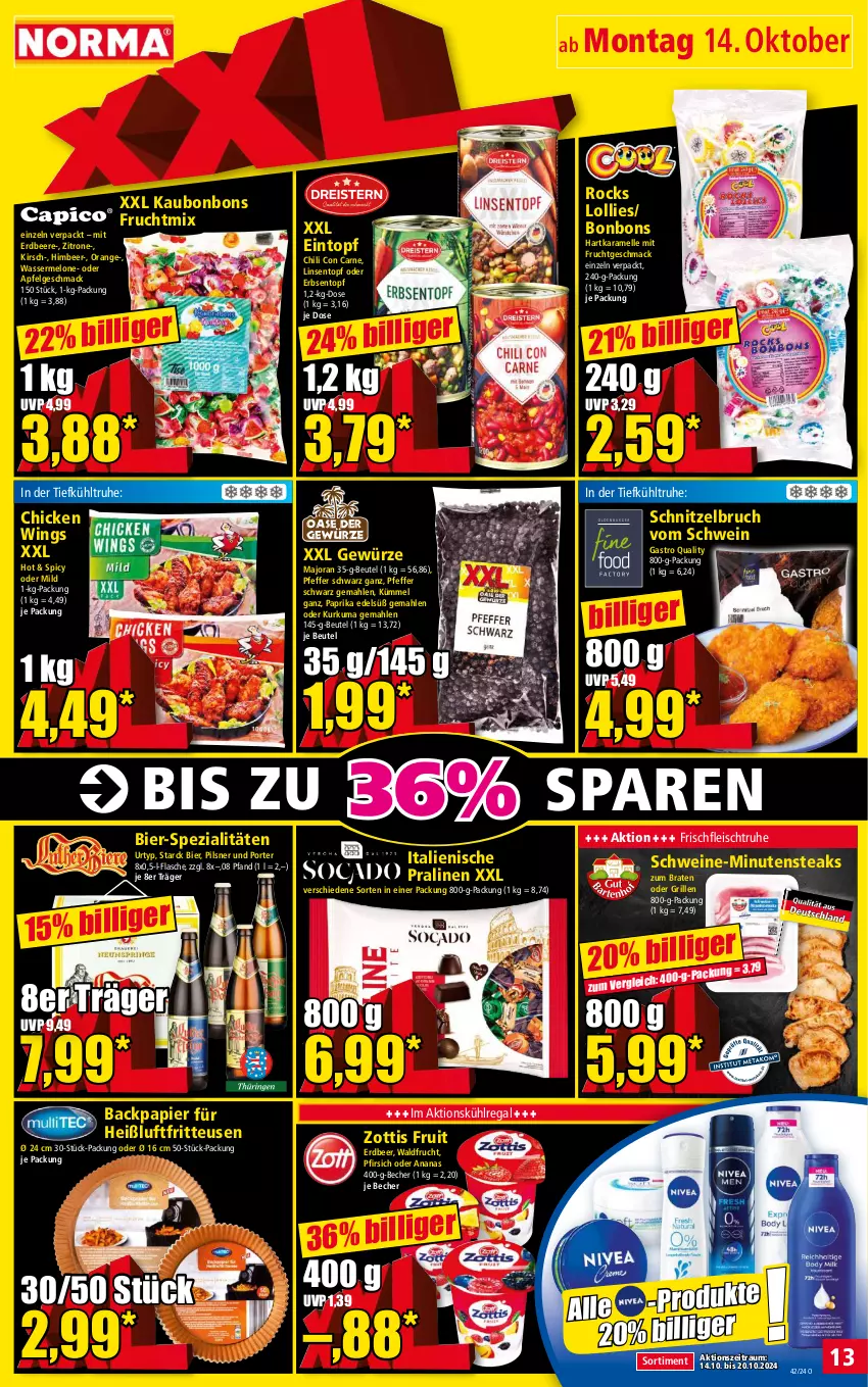 Aktueller Prospekt Norma - Norma - von 14.10 bis 21.10.2024 - strona 13 - produkty: ananas, apfel, Becher, beere, beutel, bier, bonbons, braten, chicken wings, chili, eintopf, eis, elle, erbsen, erdbeere, flasche, fleisch, fritteuse, frucht, gewürz, grill, Heißluftfritteuse, himbeer, karamell, kirsch, kühlregal, LG, linsen, mac, melone, minutensteaks, mit frucht, orange, papier, paprika, pfeffer, pfirsich, pils, pilsner, pralinen, regal, schnitzel, schwein, schweine, Spezi, steak, steaks, Ti, topf, urtyp, wasser, wassermelone, wein, weine, zitrone, zott