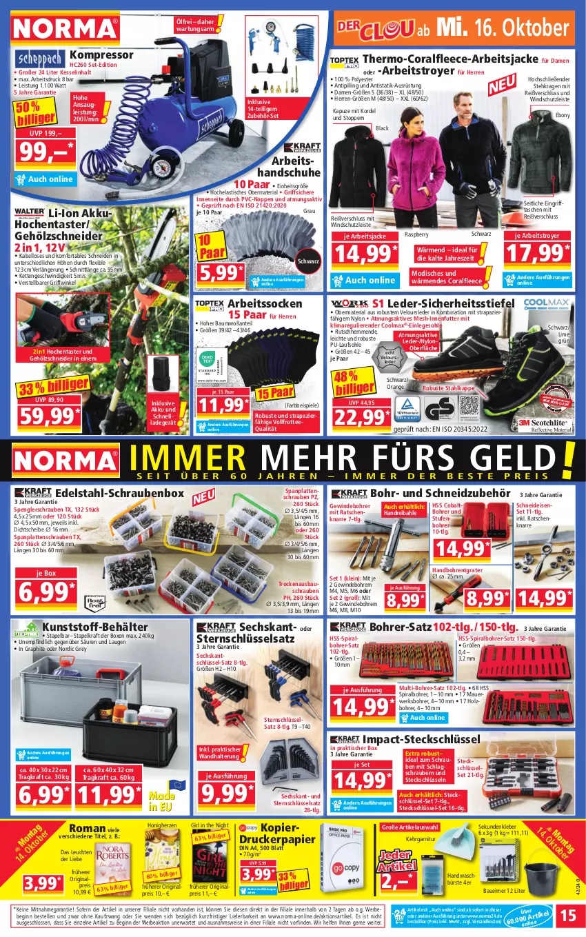 Aktueller Prospekt Norma - Norma - von 14.10 bis 21.10.2024 - strona 15 - produkty: akku, Arbeitssocken, asti, auer, Bau, Baueimer, Bebe, Behälter, bürste, Coral, din a4, drucker, edelstahl, eimer, eis, elle, garnitur, gin, handschuhe, Hela, Holz, honig, Jacke, Kehrgarnitur, Kette, kleber, kompressor, kraft, lack, ladegerät, latte, Leuchte, leuchten, LG, ndk, orange, papier, raspberry, reis, Ria, rwe, Schneideisenset, schnellladegerät, schrauben, schuhe, socken, Spiele, Tasche, taschen, tee, Ti, Tipi, tisch, topper, usb, wandhalterung, Windschutz