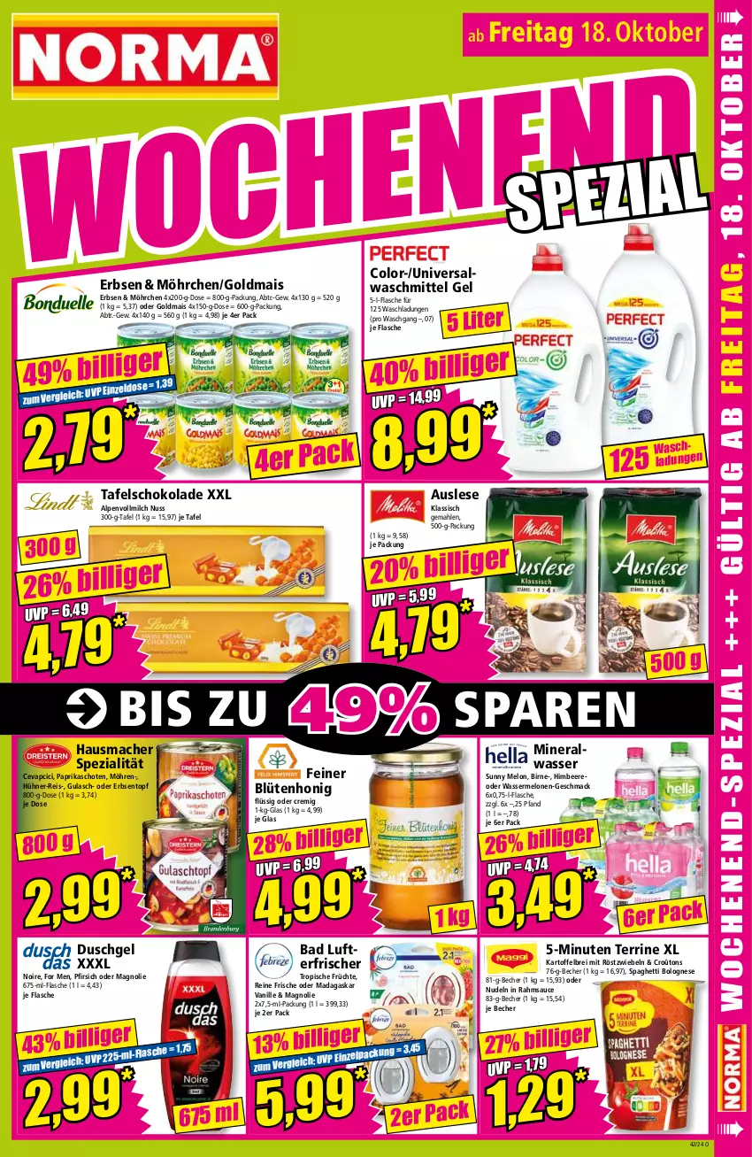 Aktueller Prospekt Norma - Norma - von 14.10 bis 21.10.2024 - strona 17 - produkty: Alwa, Bad, Becher, beere, Blüte, blütenhonig, bolognese, Brei, cevapcici, duschgel, eis, erbsen, flasche, früchte, Goldmais, gulasch, Hausmacher, himbeer, himbeere, honig, hühner, kartoffel, kartoffelbrei, lufterfrischer, mac, mais, melone, melonen, milch, mineralwasser, mit röstzwiebeln, möhren, nudel, nudeln, nuss, paprika, pfirsich, reis, röstzwiebeln, sauce, schoko, schokolade, spaghetti, spaghetti bolognese, Spezi, tafelschokolade, terrine, Ti, topf, vanille, vollmilch, waschmittel, wasser, zwiebel, zwiebeln