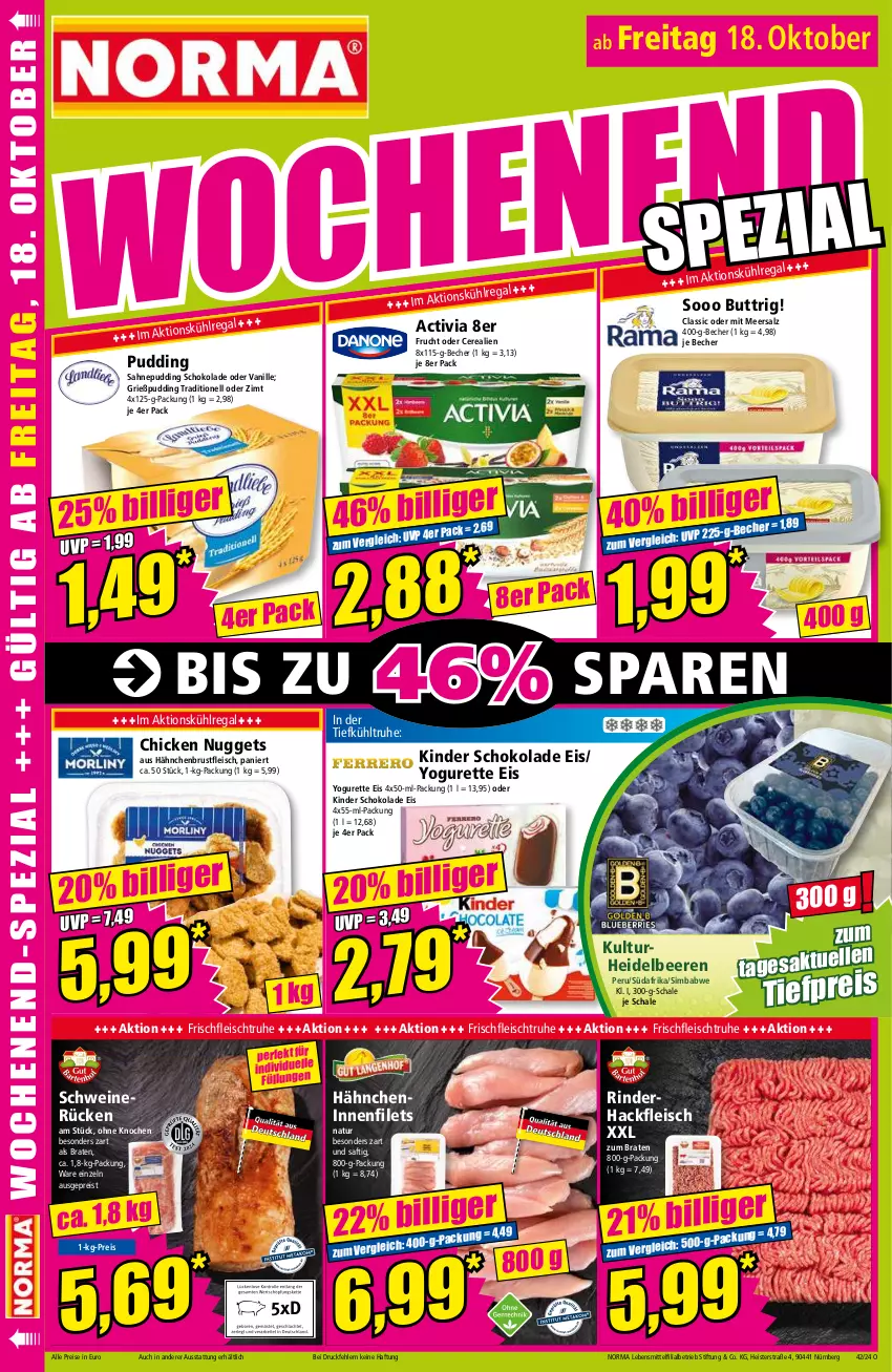 Aktueller Prospekt Norma - Norma - von 14.10 bis 21.10.2024 - strona 18 - produkty: activia, Becher, beere, beeren, braten, cerealien, chicken nuggets, eis, filet, filets, fleisch, frucht, Grießpudding, hackfleisch, hähnchenbrust, heidelbeere, heidelbeeren, Kinder, kinder schokolade, kühlregal, lebensmittel, meersalz, natur, nuggets, pudding, regal, reis, rind, rinder, rinderhackfleisch, saft, sahne, salz, Schal, Schale, schoko, schokolade, schwein, schweine, schweinerücken, sim, simba, Ti, tiefpreis, vanille, wein, weine, Yo, yogurette