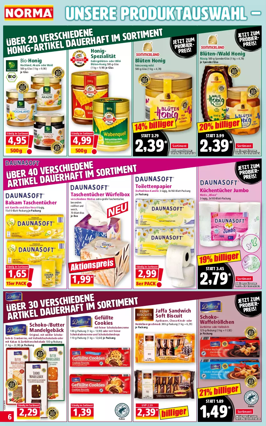 Aktueller Prospekt Norma - Norma - von 14.10 bis 21.10.2024 - strona 6 - produkty: aloe vera, aprikose, aprikosen, auer, balsam, bier, bio, Blüte, butter, cookie, cookies, cranberries, creme, eis, gin, hochland, honig, jumbo, kakao, Kamill, kamille, kirsch, küche, Küchen, küchentücher, LG, mac, mandel, milch, papier, reis, sandwich, schoko, schokolade, schokoladen, Spezi, Tasche, taschen, taschentücher, Ti, toilettenpapier, tücher, vollmilch, Waffelröllchen, Wild, würfel, Zartbitterschokolade