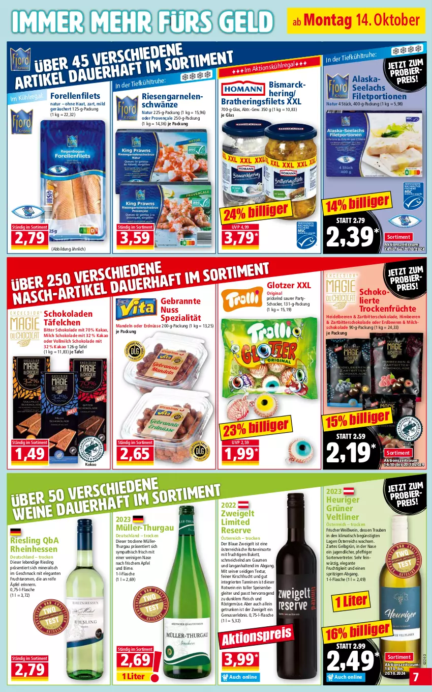 Aktueller Prospekt Norma - Norma - von 14.10 bis 21.10.2024 - strona 7 - produkty: apfel, auer, beere, beeren, bier, bismarck, eis, elle, erdbeere, erdbeeren, erdnüsse, filet, filets, flasche, fleisch, forelle, frucht, früchte, garnelen, gin, grüner veltliner, heidelbeere, heidelbeeren, hering, Herings, heringsfilets, Heu, himbeer, himbeere, himbeeren, hocker, kakao, kirsch, lachs, mac, mandel, mandeln, milch, mit frucht, Müller, Müller-Thurgau, natur, nuss, regal, reis, rel, riesengarnelen, riesling, ring, rotwein, schoko, schokolade, schokoladen, Spezi, Ti, tisch, trauben, Trockenfrüchte, vollmilch, wein, weine, Weißwein, Zartbitterschokolade, Zweigelt