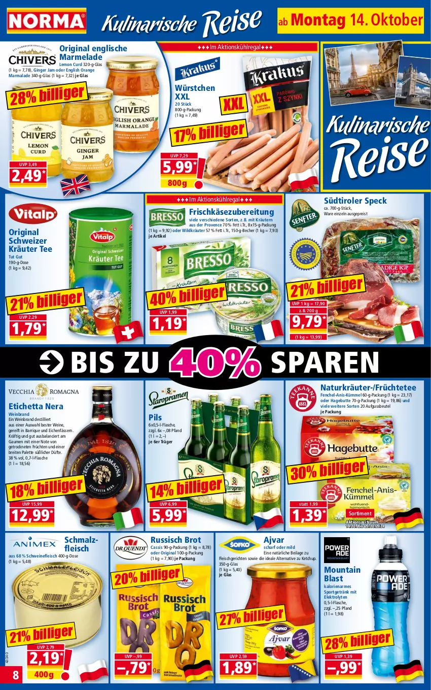 Aktueller Prospekt Norma - Norma - von 14.10 bis 21.10.2024 - strona 8 - produkty: Ajvar, Becher, beutel, Brei, brot, cassis, eis, Elektro, fenchel, flasche, fleisch, frischkäse, früchte, früchten, Früchtetee, getränk, gin, ginger, ilag, Käse, ketchup, kräuter, kräutern, kühlregal, malz, marmelade, natur, orange, Palette, pils, regal, reis, russisch brot, Schmalz, schwein, schweine, schweinefleisch, Speck, Sport, südtiroler, tee, Ti, usb, wein, weinbrand, weine, Wild, würstchen