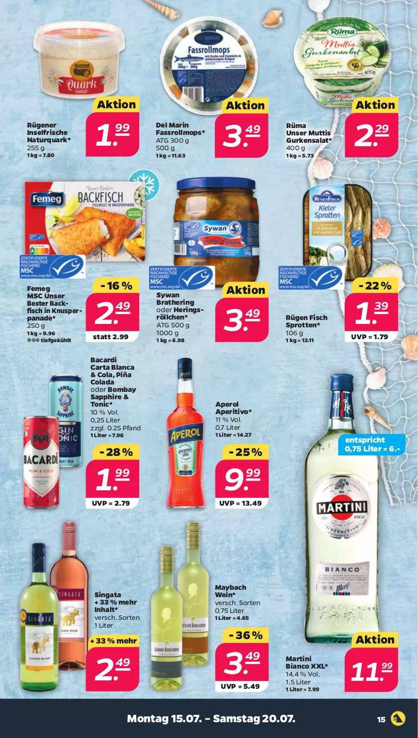 Aktueller Prospekt Netto - Woche 29 - von 15.07 bis 20.07.2024 - strona 15 - produkty: aperol, bacardi, backfisch, bombay sapphire, cola, femeg, fisch, gurke, gurken, gurkensalat, hering, Herings, martini, maybach, Mutti, natur, quark, ring, Rügener, salat, sapphire, Sprotten, Ti, tonic, wein