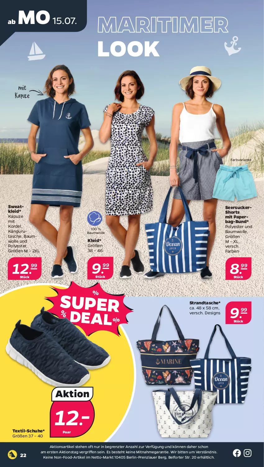 Aktueller Prospekt Netto - Woche 29 - von 15.07 bis 20.07.2024 - strona 22 - produkty: auer, Bau, baumwolle, kleid, Ria, schuhe, seersucker, shorts, strandtasche, Sweatkleid, Tasche, Ti, timer, wolle, ZTE