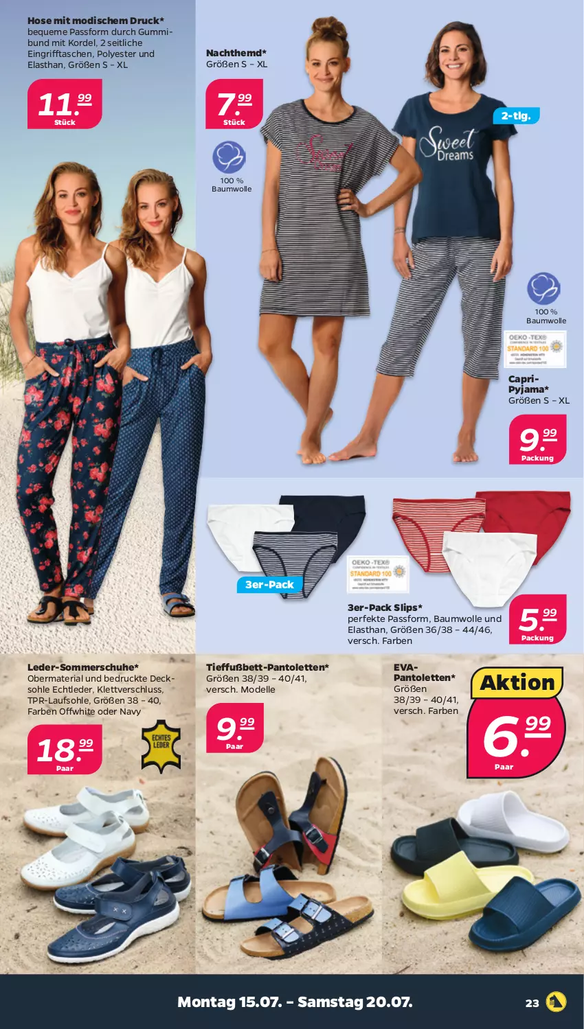 Aktueller Prospekt Netto - Woche 29 - von 15.07 bis 20.07.2024 - strona 23 - produkty: Bau, baumwolle, bett, Cap, decksohle, dell, elle, hemd, hose, LG, Mode, Nachthemd, pantolette, pantoletten, Pyjama, Ria, schuhe, slip, slips, Tasche, taschen, Ti, wolle