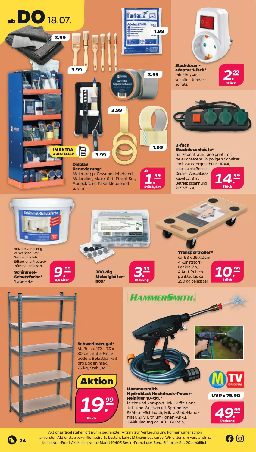 Aktueller Prospekt Netto - Woche 29 - von 15.07 bis 20.07.2024 - strona 24 - produkty: adapter, akku, auer, Beba, bio, decke, Deckel, eis, HP, Kinder, Leuchte, LG, Malerkrepp, möbel, Pinsel, Rauch, regal, reiniger, Roller, rwe, Schal, schlauch, schwerlastregal, Sport, steckdose, Steckdosenadapter, Steckdosenleiste, Ti, wasser, ZTE