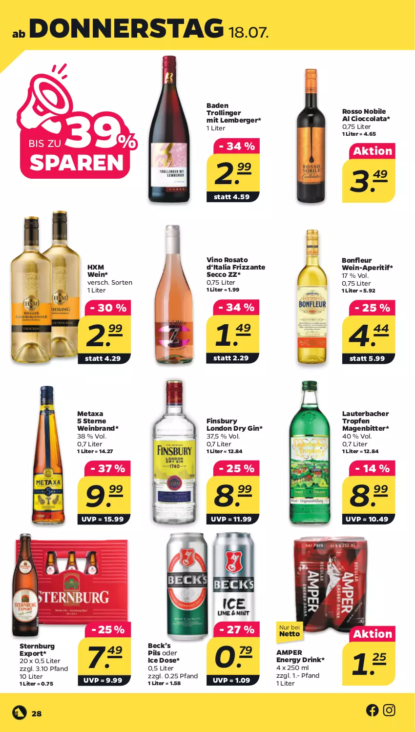 Aktueller Prospekt Netto - Woche 29 - von 15.07 bis 20.07.2024 - strona 28 - produkty: aperitif, Bad, Berger, cola, drink, dry gin, ecco, energy drink, finsbury, frizzante, gin, london dry, london dry gin, Metaxa, pils, rosato, Sternburg, Ti, trolli, trollinger, wein, weinbrand