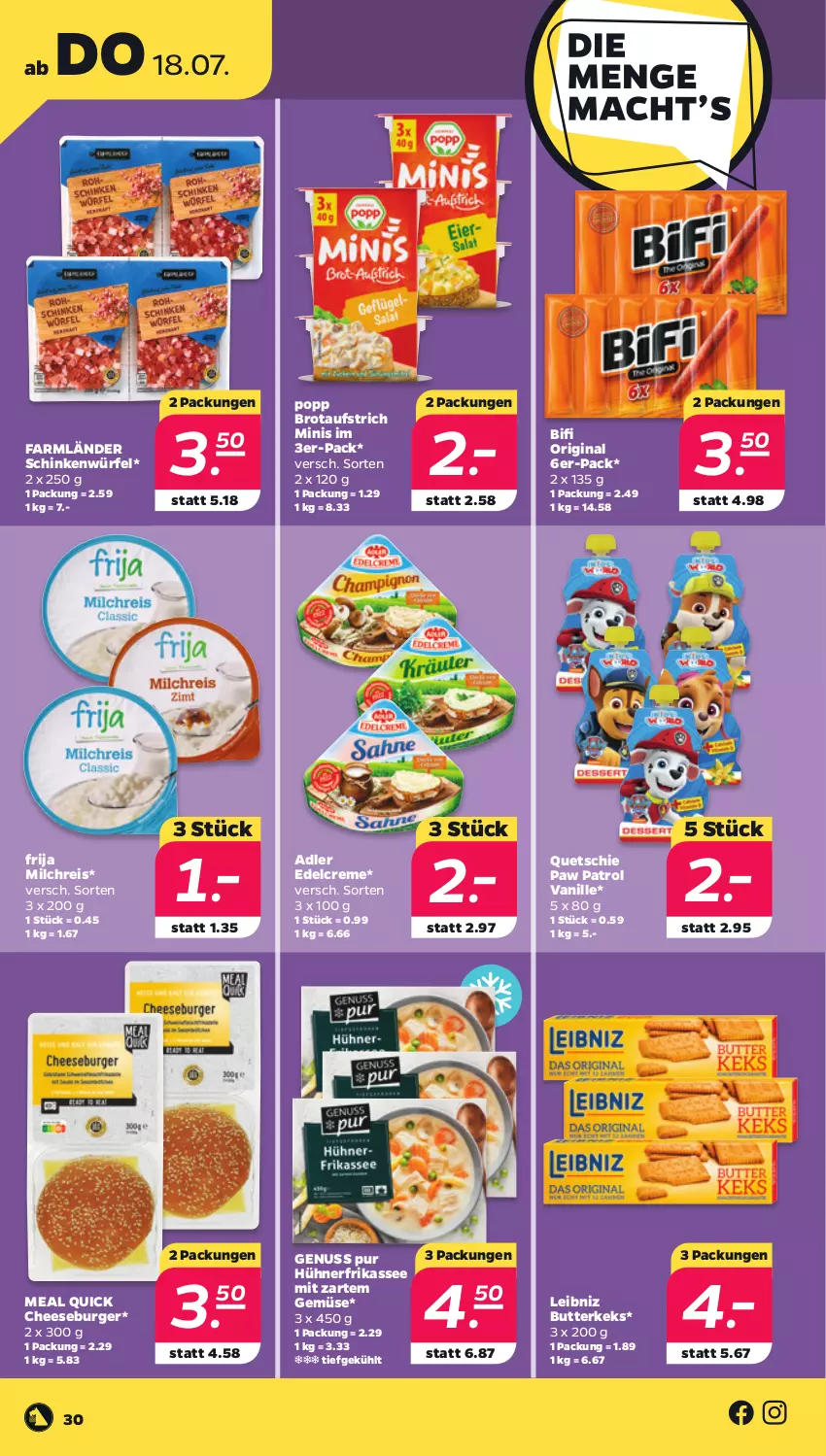 Aktueller Prospekt Netto - Woche 29 - von 15.07 bis 20.07.2024 - strona 30 - produkty: aufstrich, bifi, brot, brotaufstrich, burger, butter, butterkeks, creme, edelcreme, eis, gin, hühner, keks, leibniz, milch, milchreis, nerf, nuss, Paw Patrol, Popp, reis, schinken, Ti, vanille, würfel