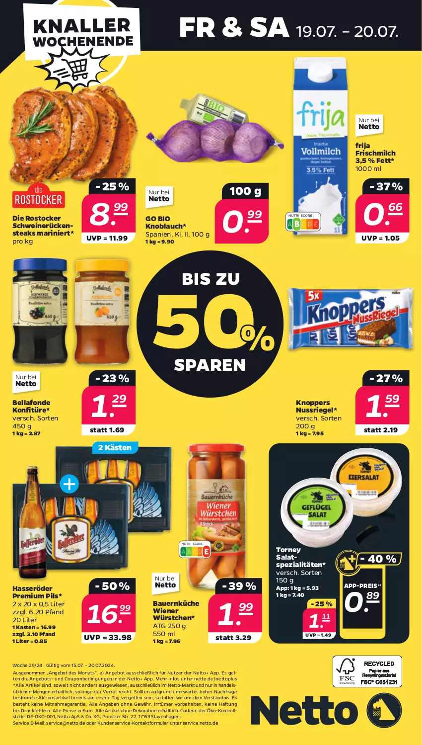 Aktueller Prospekt Netto - Woche 29 - von 15.07 bis 20.07.2024 - strona 32 - produkty: alle artikel ohne dekoration, angebot, auer, Bau, Bauer, bio, coupon, dekoration, eis, elle, hasseröder, knoblauch, knoppers, konfitüre, küche, milch, nuss, nussriegel, pils, premium pils, reis, riegel, Rostocker, Rückensteak, rückensteaks, salat, schwein, schweine, schweinerücken, Spezi, steak, steaks, Ti, wein, weine, wiener, wiener würstchen, würstchen